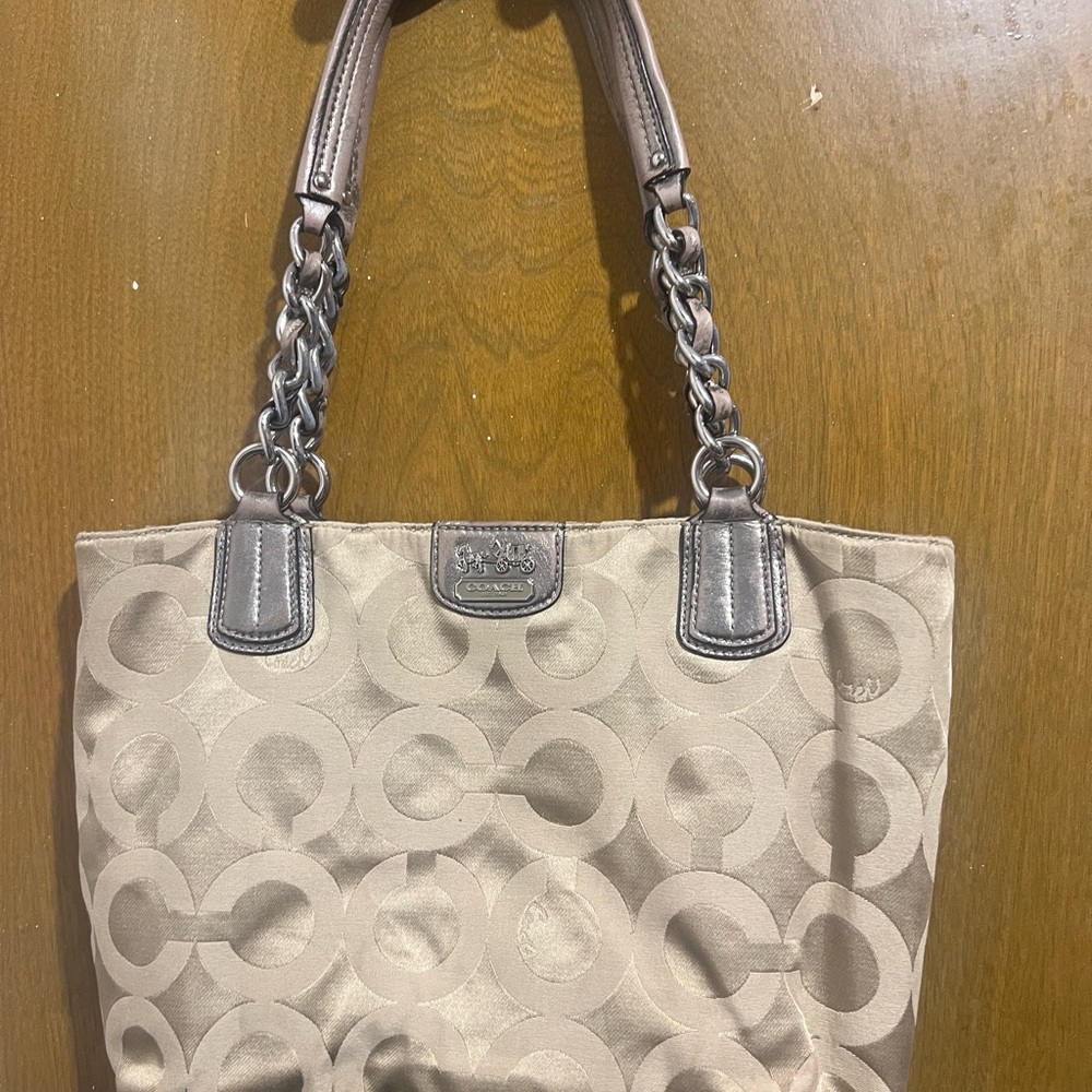 Coach Cream Signature Tote Bag with Leather Trim